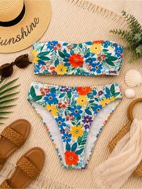 Floral Bandeau Bikini Set Size Large Tropical Strapless Swimsuit